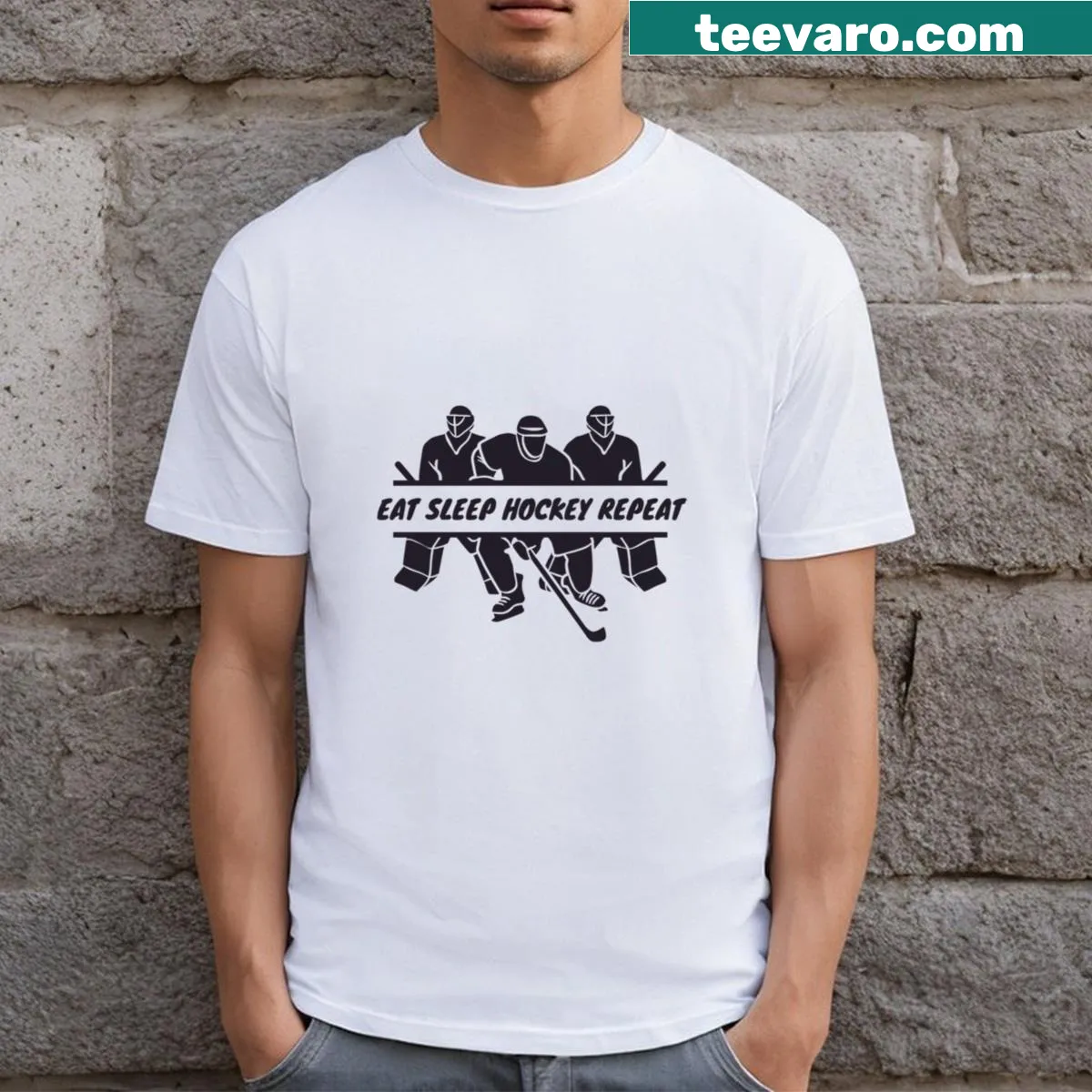 Funny Eat Sleep Hockey Repeat T-shirt for ice hockey lovers — on a men's t-shirt