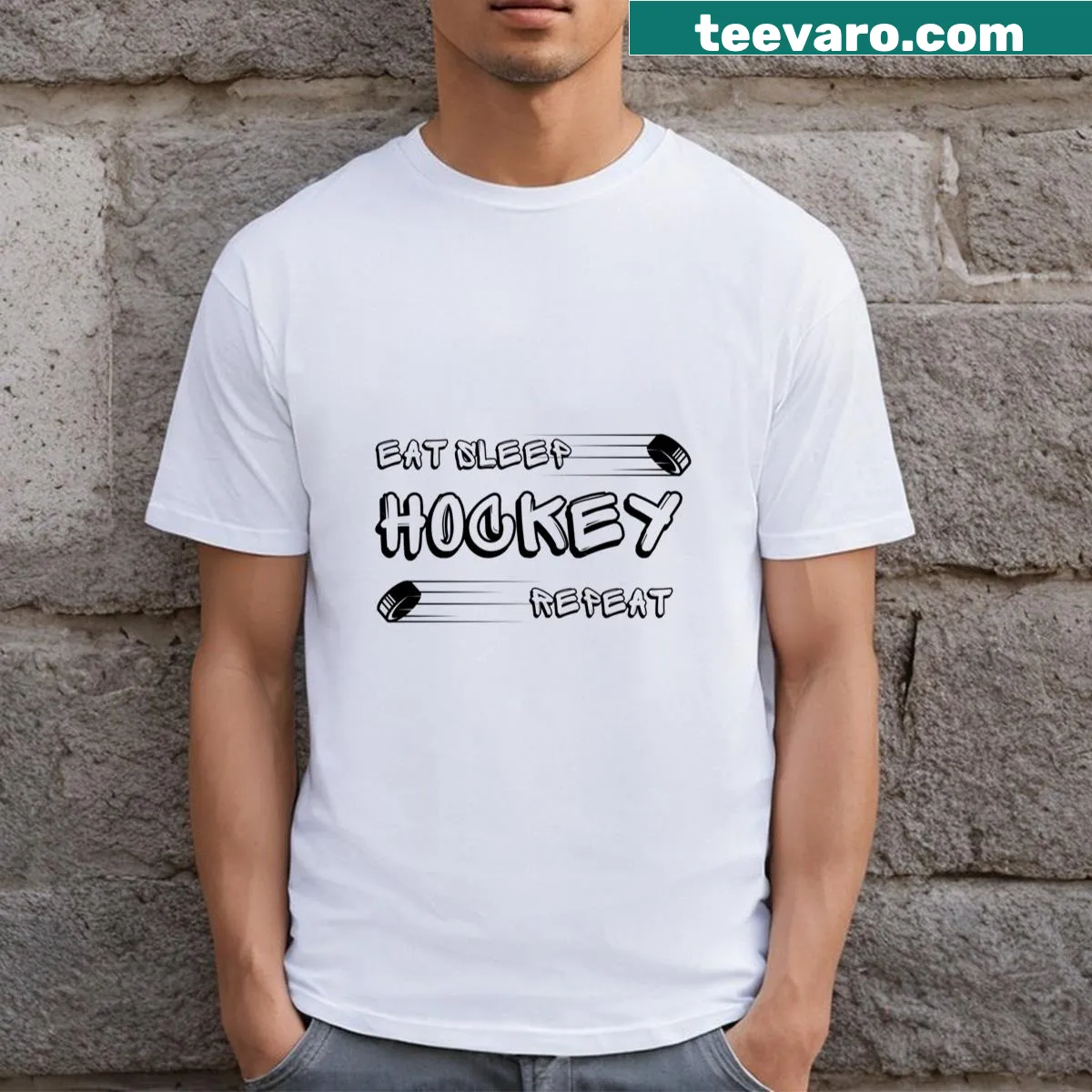Funny T-shirt with 'Eat Sleep Hockey Repeat' slogan — on a men's t-shirt
