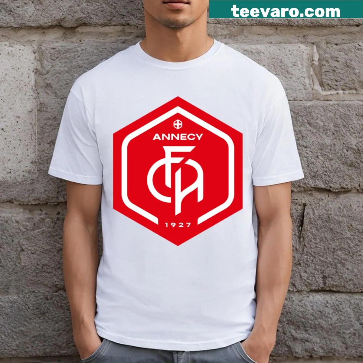 Illustrative FC Annecy t-shirt for football fans — on a men's t-shirt