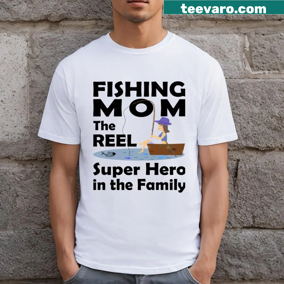 T-shirt celebrating fishing moms as superheroes with typographic design — on a men's t-shirt