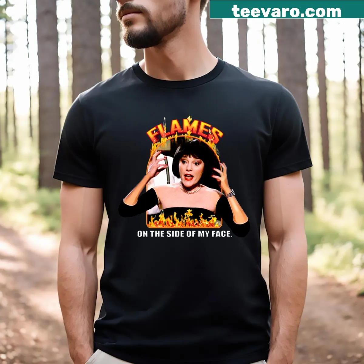 Humorous text t-shirt with the phrase 'Flames Flames On The Side Of My Face' — on a men's t-shirt