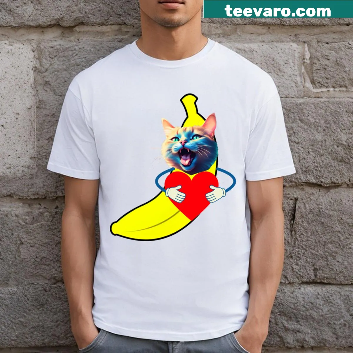 Cute cat lounging on a banana illustration on t-shirt — on a men's t-shirt