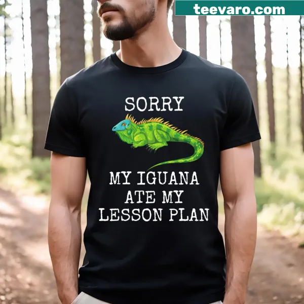 Humorous t-shirt with iguana graphic and funny homework excuse text
