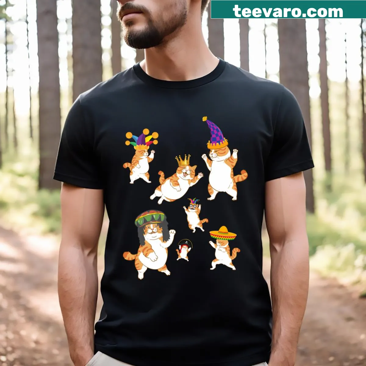 Cartoon of kittens in party hats on a T-shirt — on a men's t-shirt