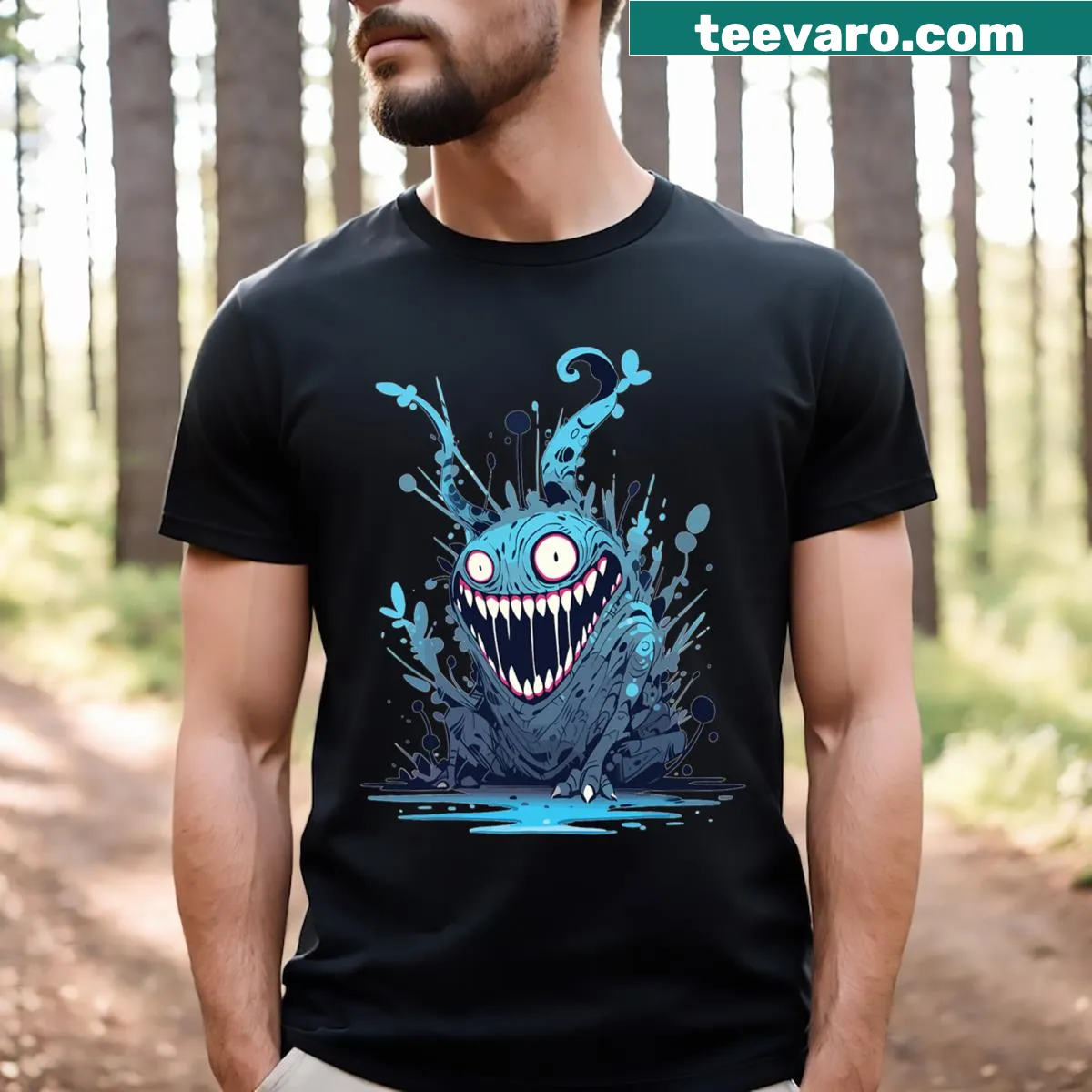 Retro cartoon monster graphic t-shirt for Halloween — on a men's t-shirt