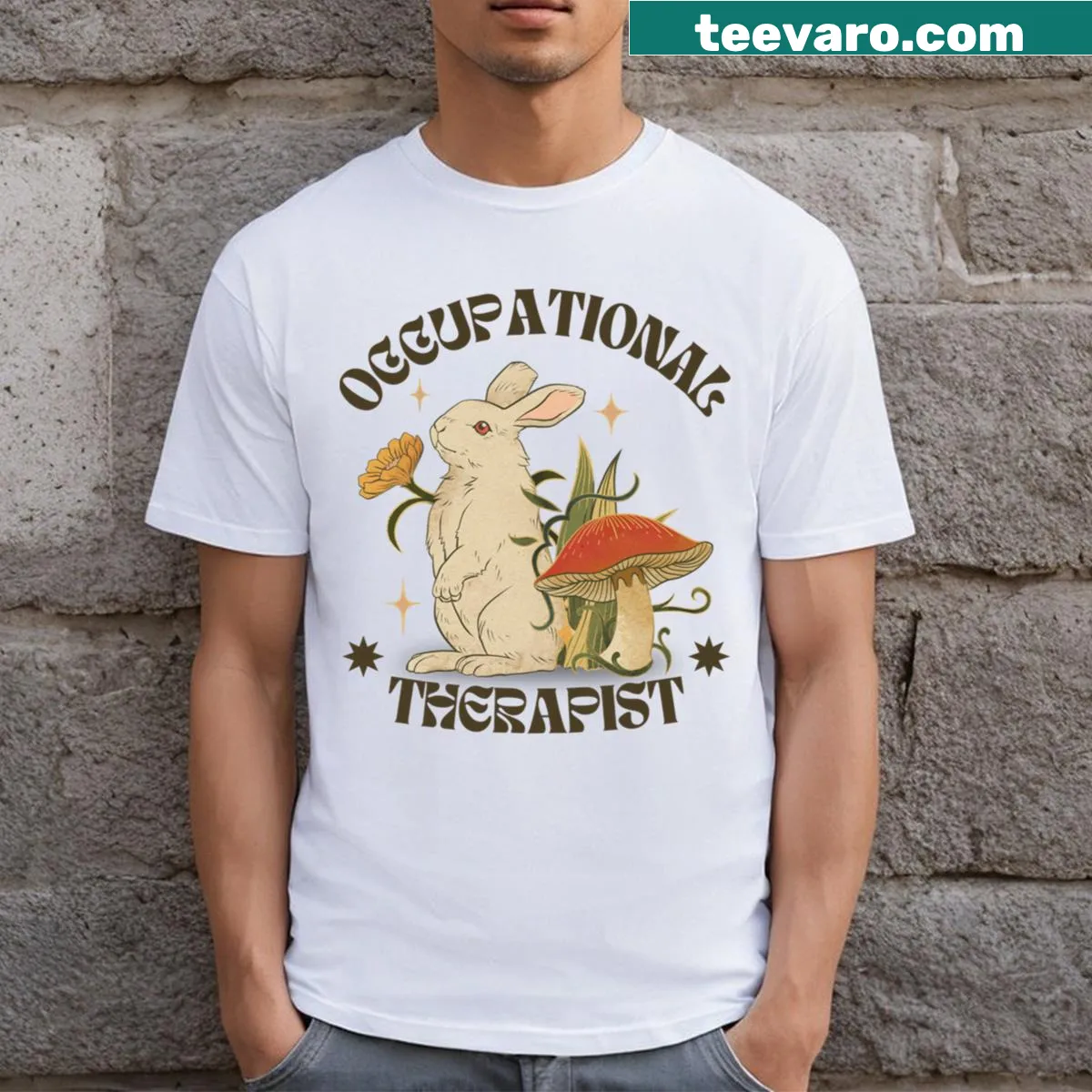 T-shirt featuring playful rabbits and nature-themed design for therapy lovers — on a men's t-shirt