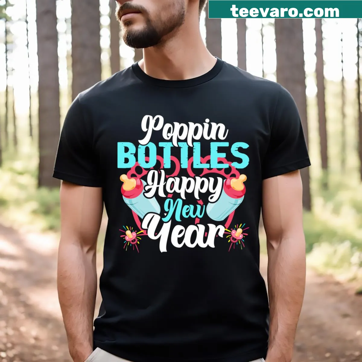 Humorous design with cartoon bottles for New Year — on a men's t-shirt