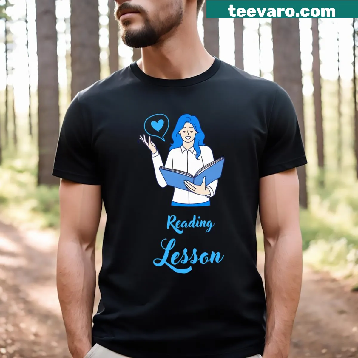 Cozy winter scene with a teacher reading on a t-shirt — on a men's t-shirt