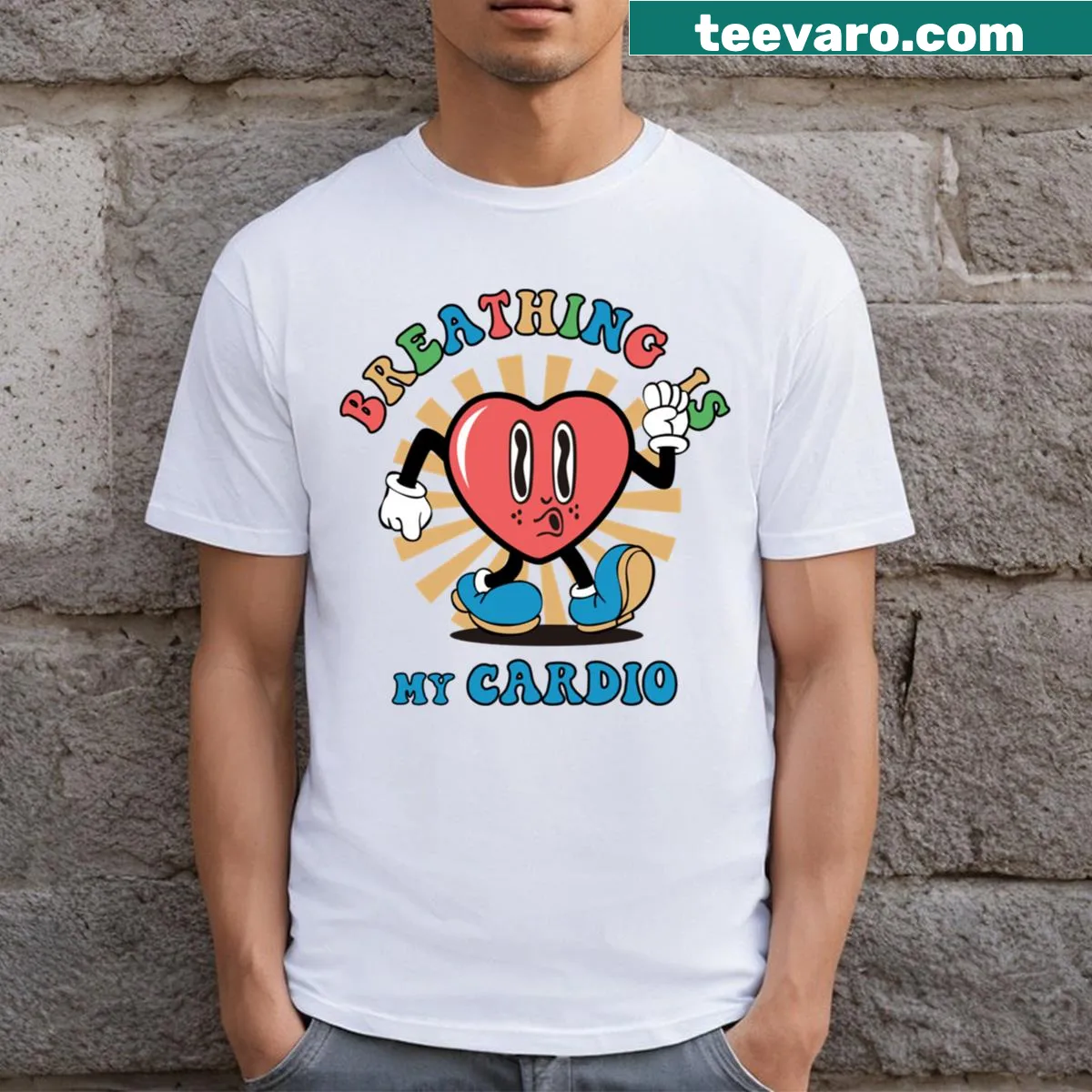 Retro graphic T-shirt with funny cardio workout theme — on a men's t-shirt