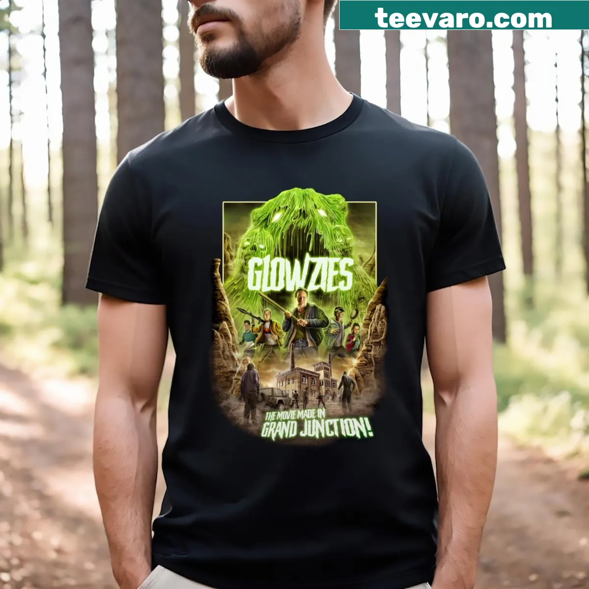 Typography t-shirt celebrating Grand Junction Glowzies — on a men's t-shirt