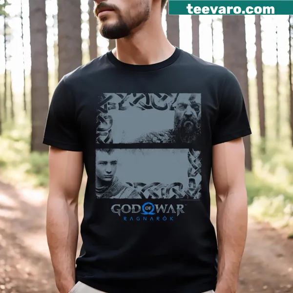 Panels featuring Kratos and Atreus from God Of War on a t-shirt
