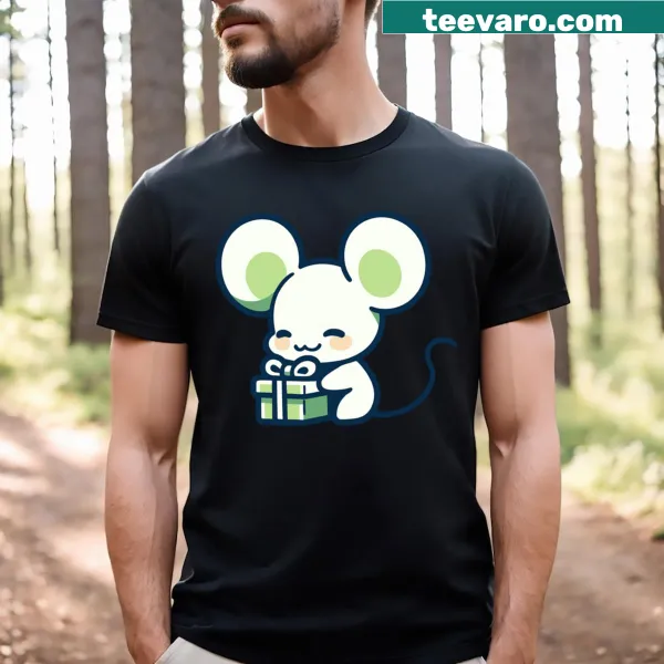Christmas-themed T-shirt featuring a cheerful green mouse design