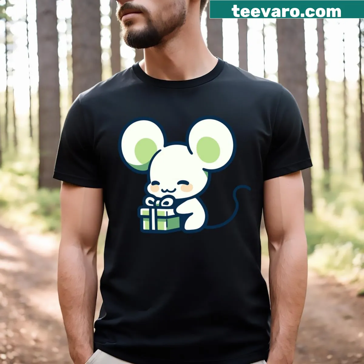 Christmas-themed T-shirt featuring a cheerful green mouse design — on a men's t-shirt