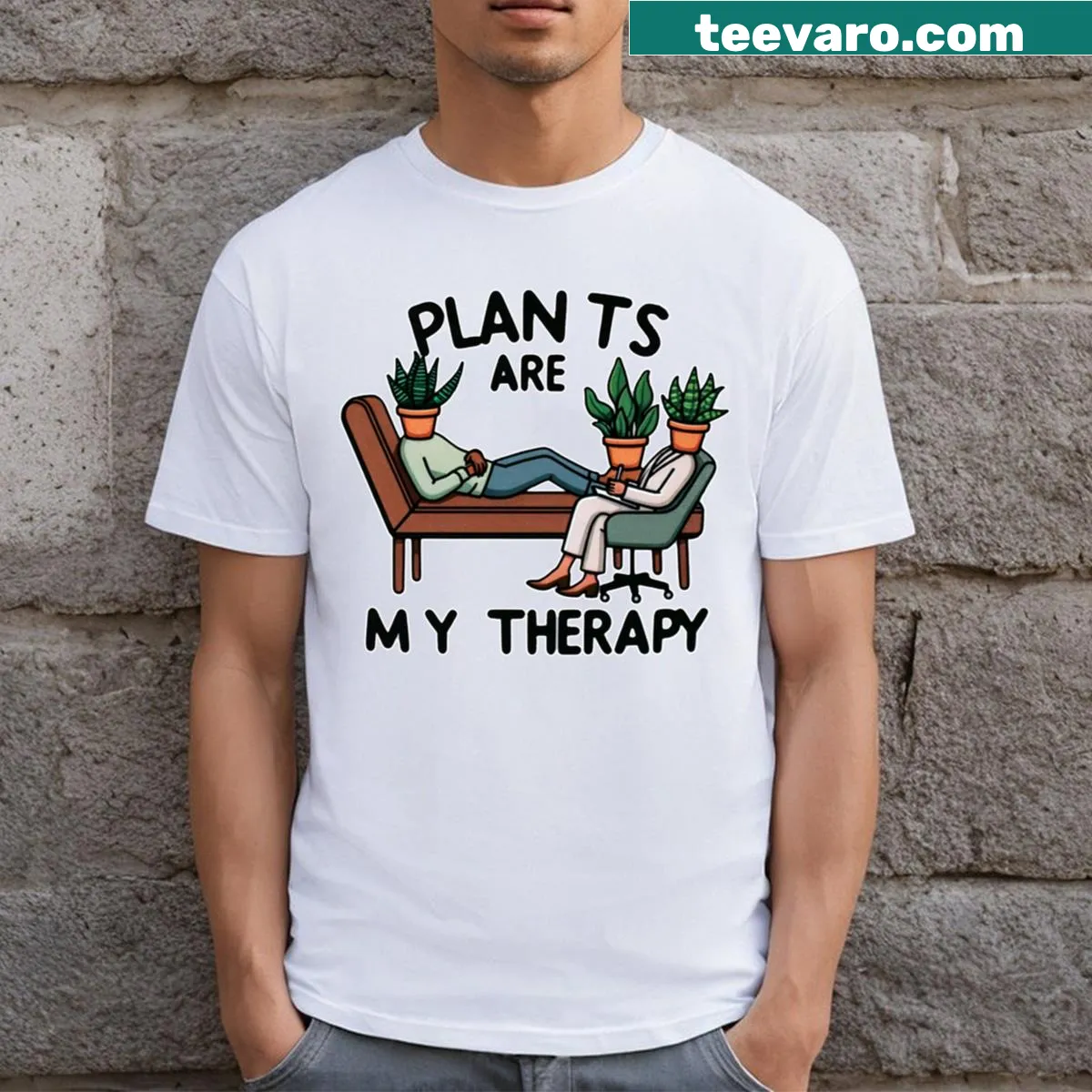 T-shirt featuring plants as counselors in a whimsical therapy session. — on a men's t-shirt
