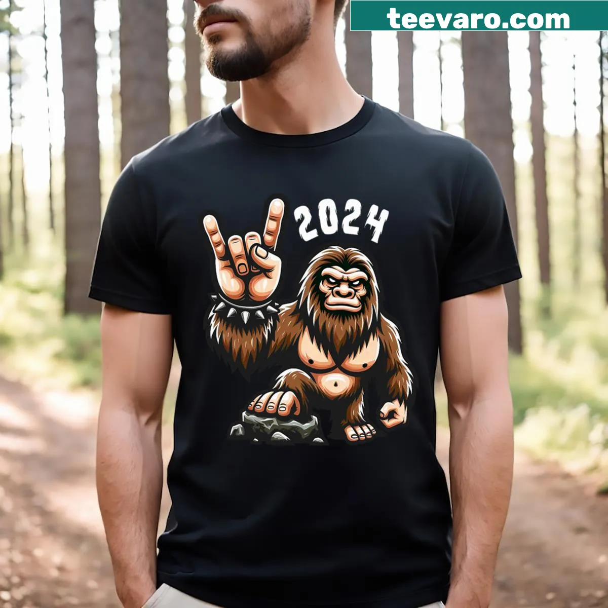 Funny Bigfoot New Year shirt with cartoon Sasquatch wearing a party hat — on a men's t-shirt