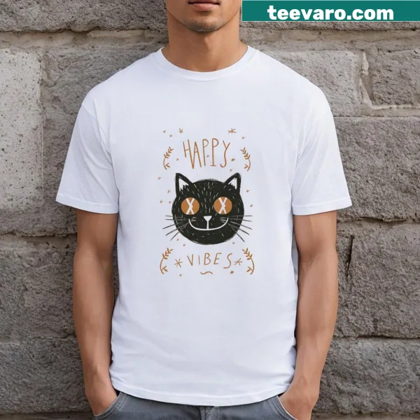 Cartoon cat with a big smile featured on a t-shirt