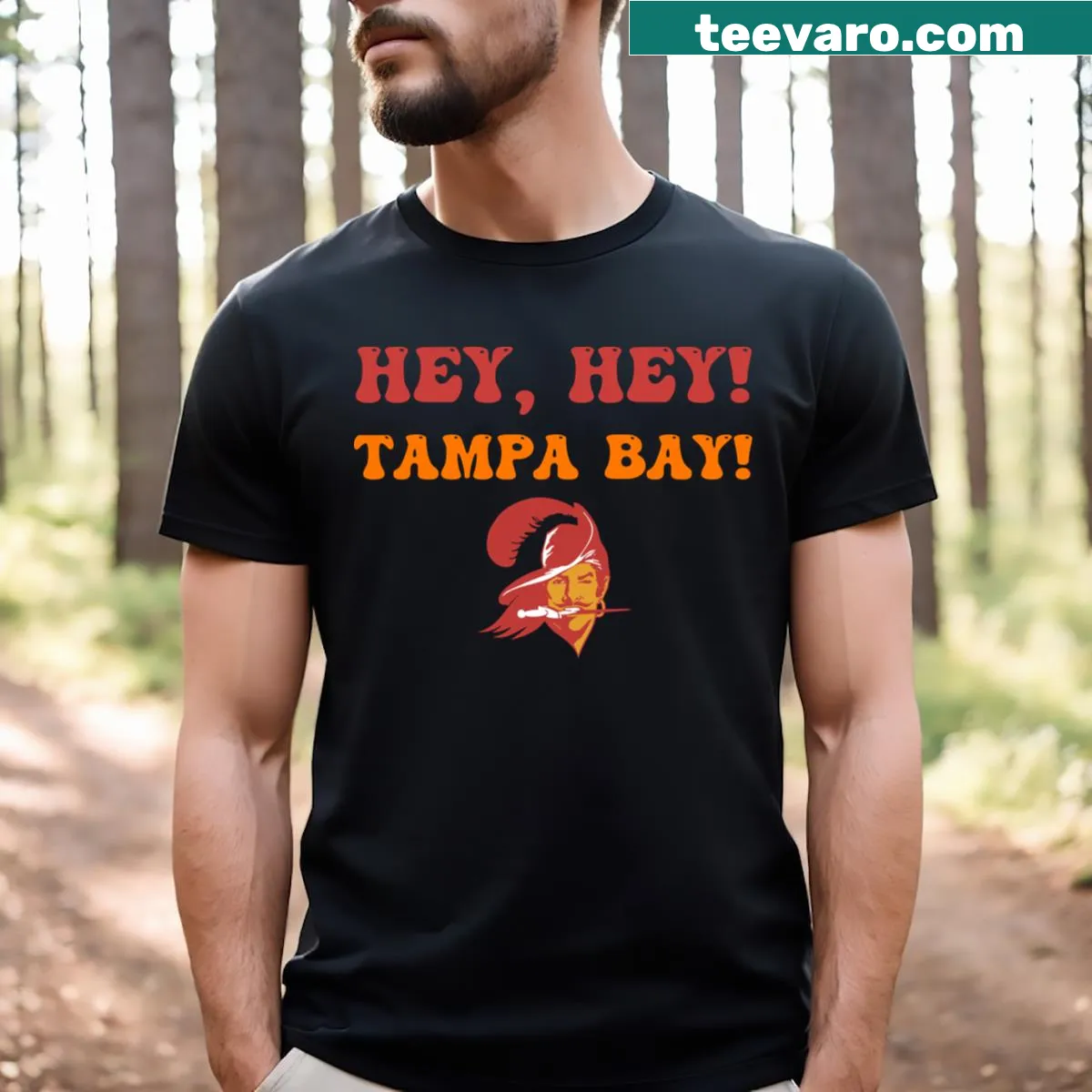 Playful typography shirt with the phrase 'Hey Hey! Tampa Bay!' — on a men's t-shirt