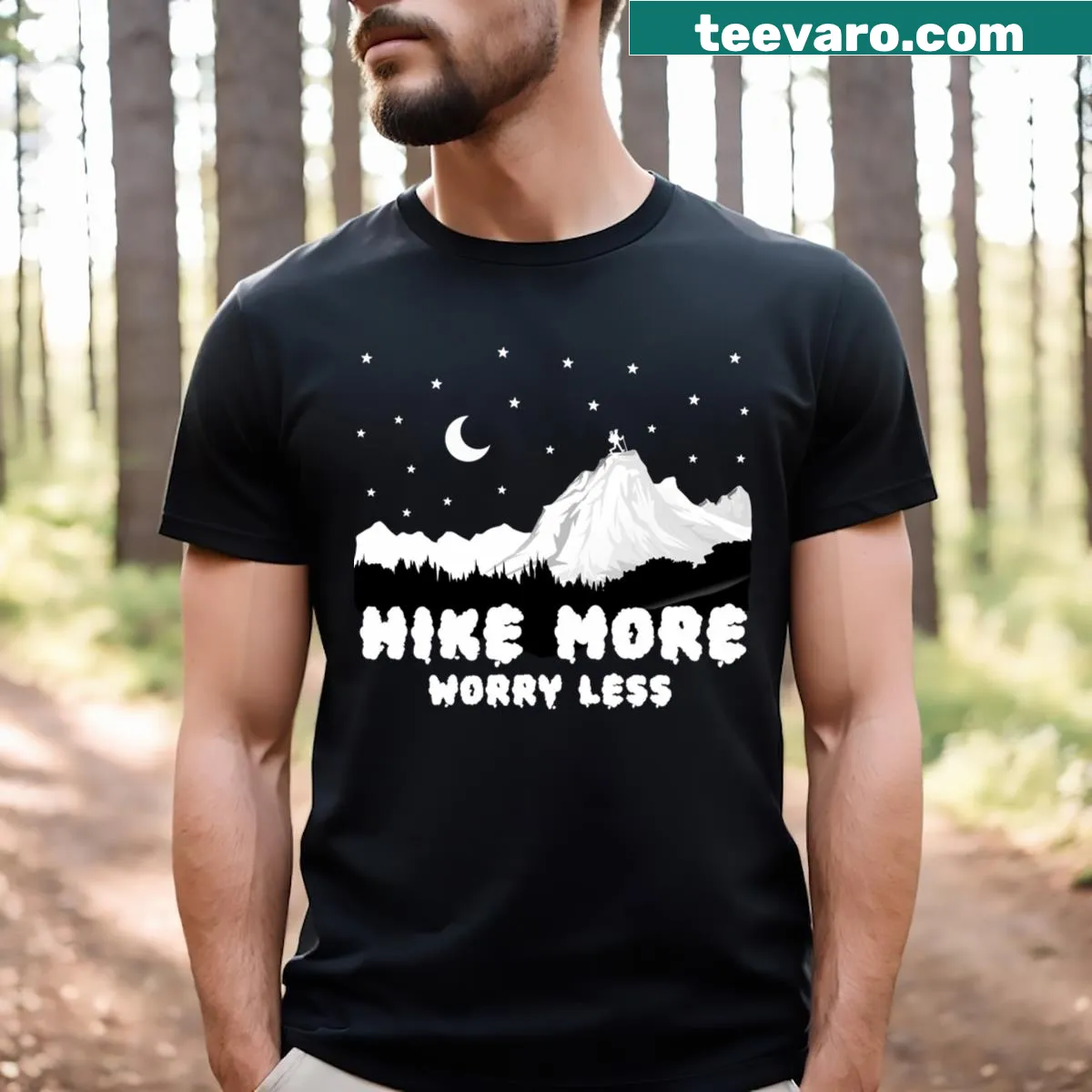 Cute hiking T-shirt with mountains and motivational hiking text — on a men's t-shirt
