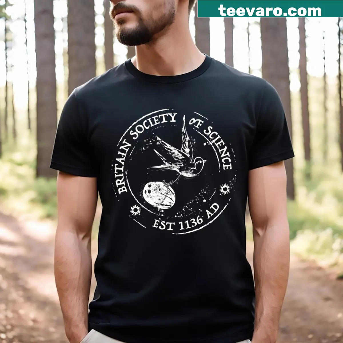Typography T-shirt featuring Holy Grail and Society of Science text — on a men's t-shirt