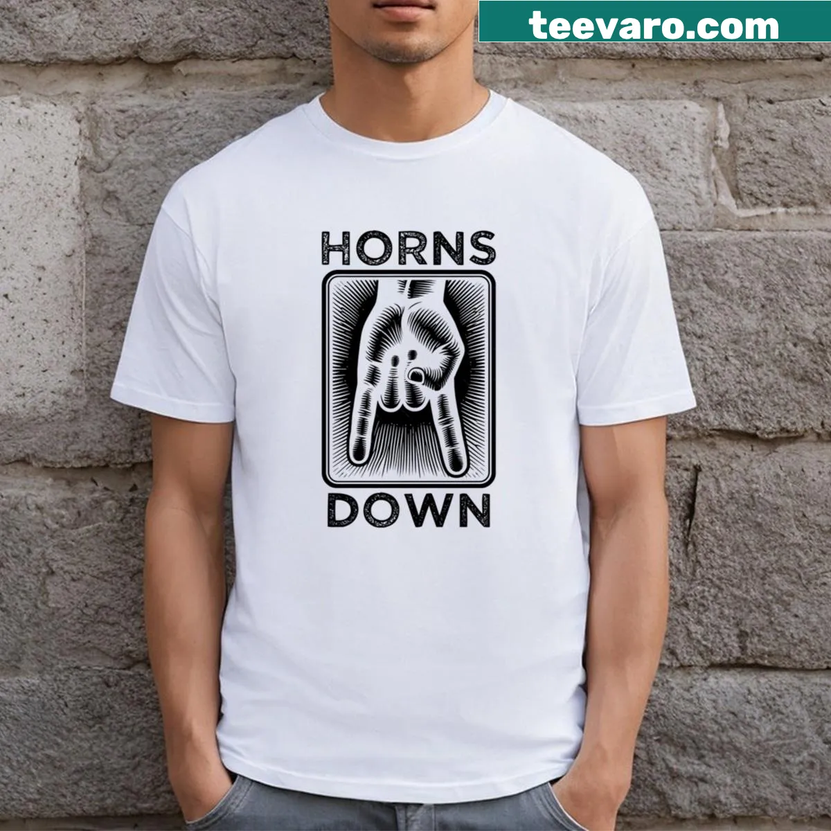 Bold Horns Down sports T-shirt with impactful lettering — on a men's t-shirt