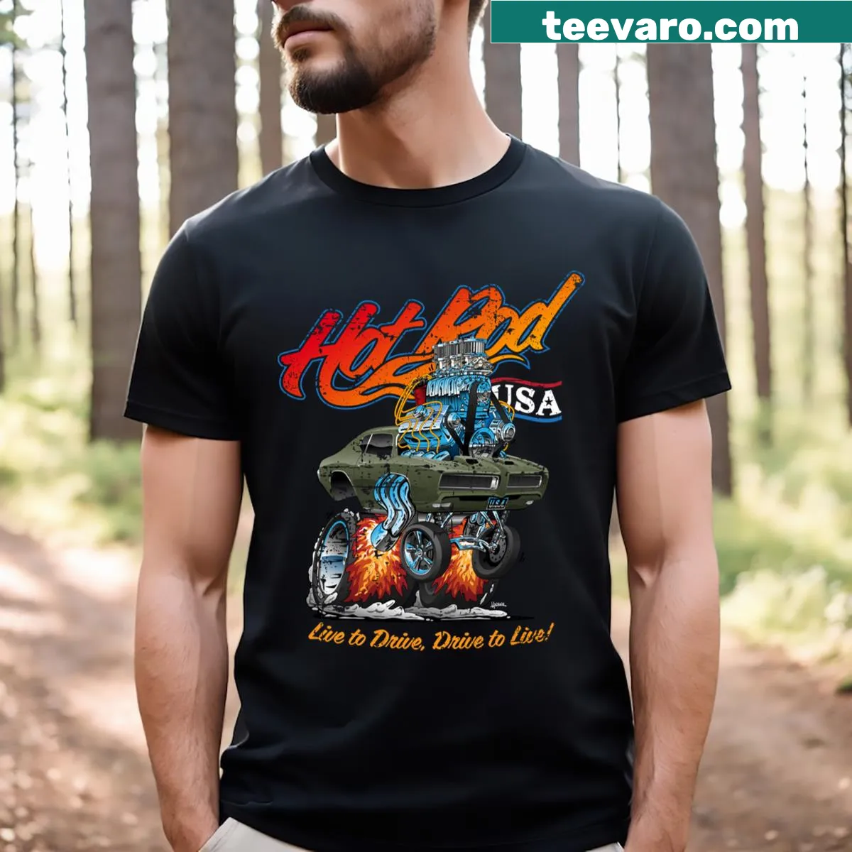 Cartoon muscle car graphic on a distressed style T-shirt — on a men's t-shirt