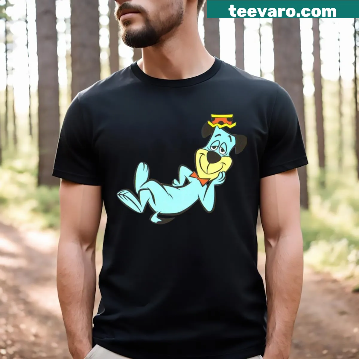 T-shirt featuring a playful illustration of Huckleberry Hound. — on a men's t-shirt