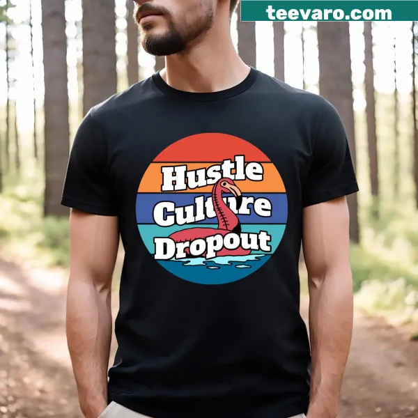 Bright flamingo illustration on a t-shirt promoting a relaxed hustle culture