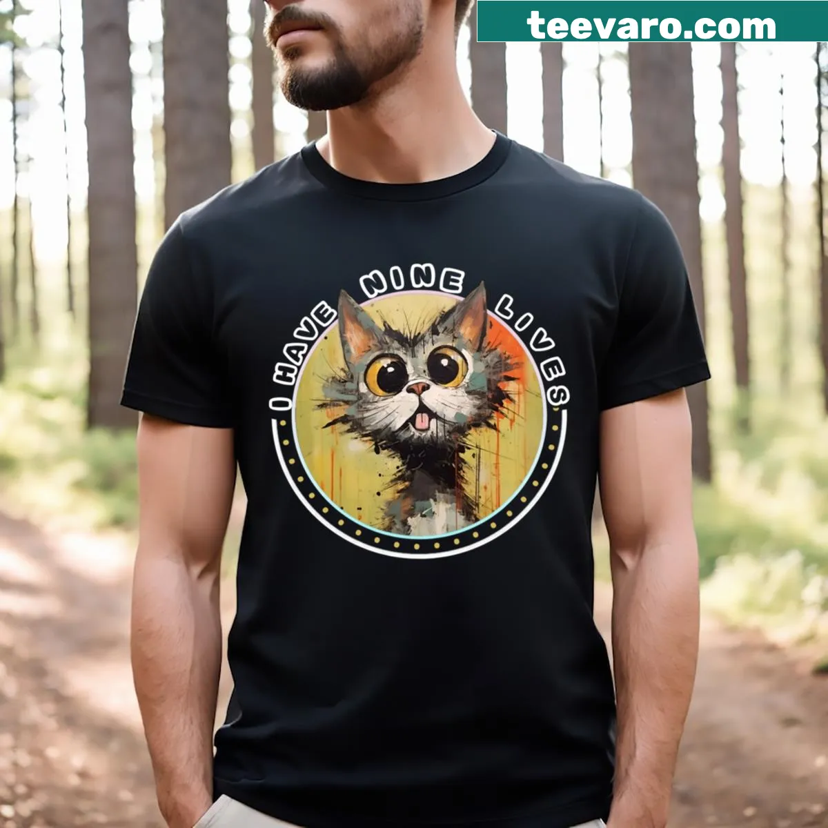 Illustration of a cute cat with the text 'I Have Nine Lives' on a t-shirt — on a men's t-shirt