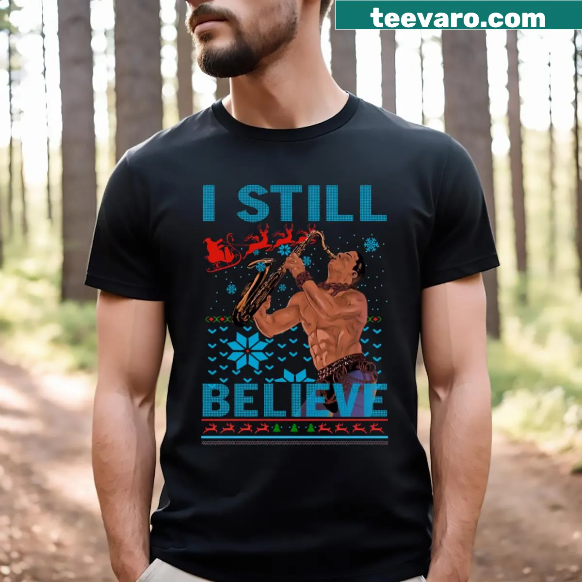 Illustrated t-shirt with 'I Still Believe' for 80s Christmas — on a men's t-shirt