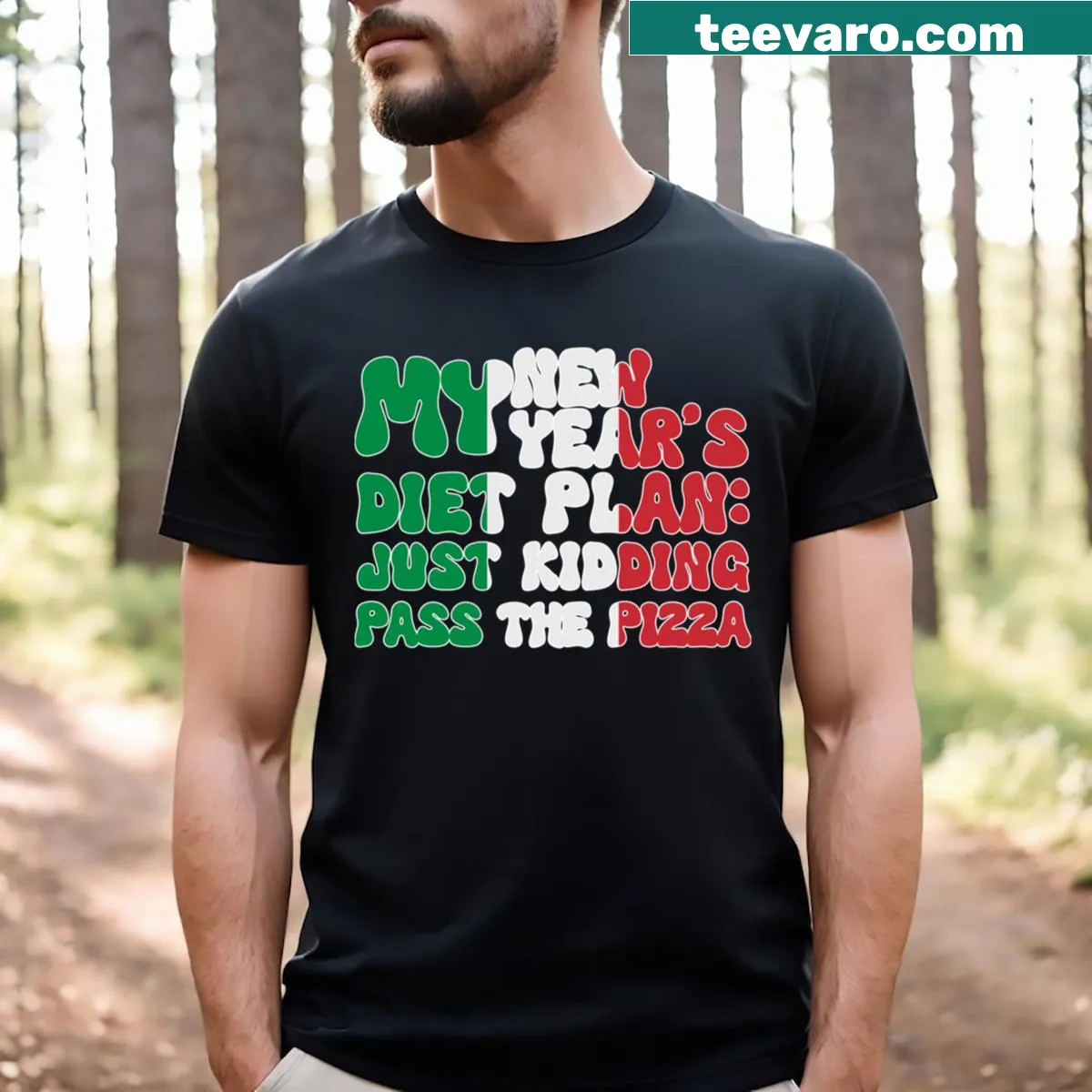 Humorous Italian-themed New Year t-shirt design with playful text — on a men's t-shirt