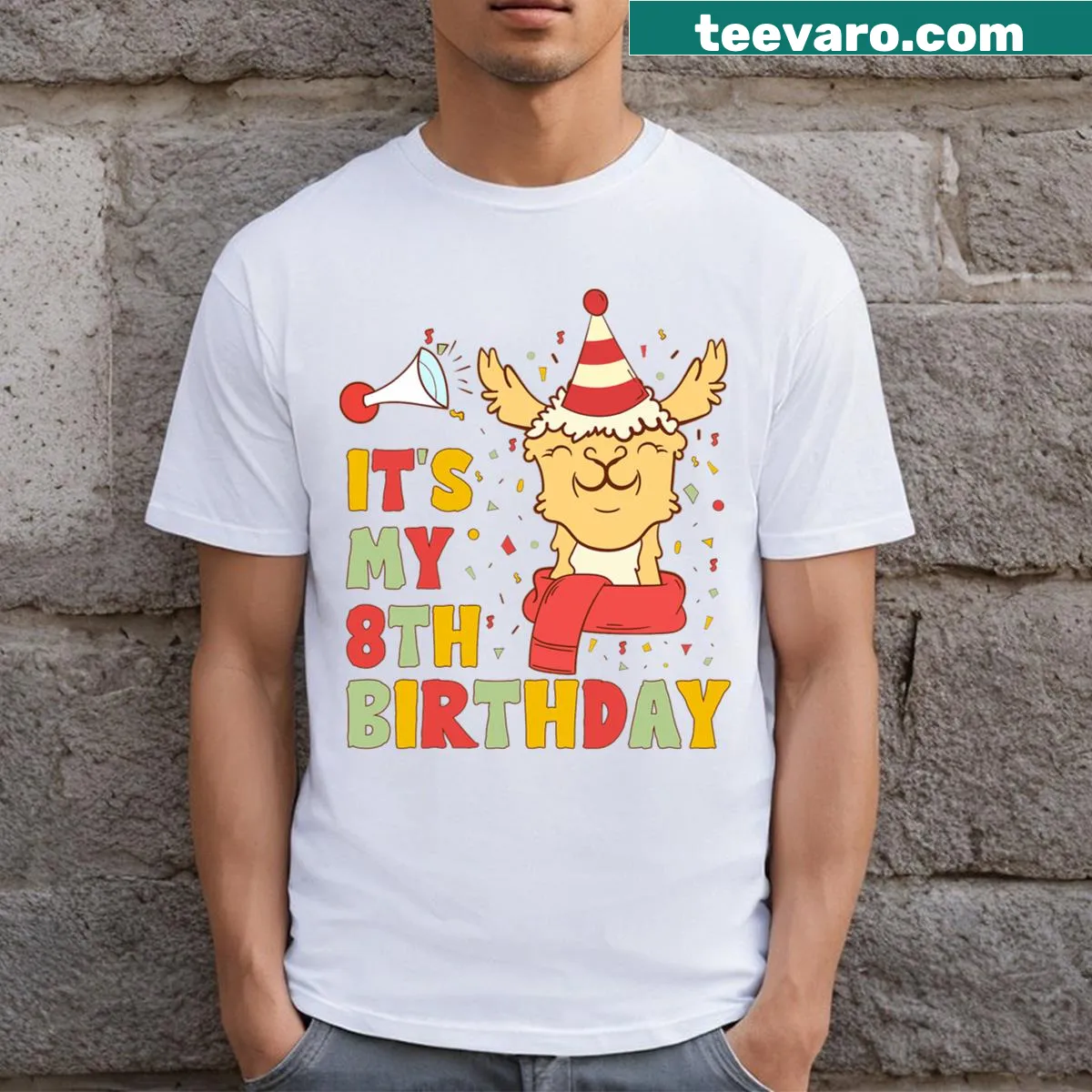 Cute illustrated llama celebrating an 8th birthday on a T-shirt — on a men's t-shirt