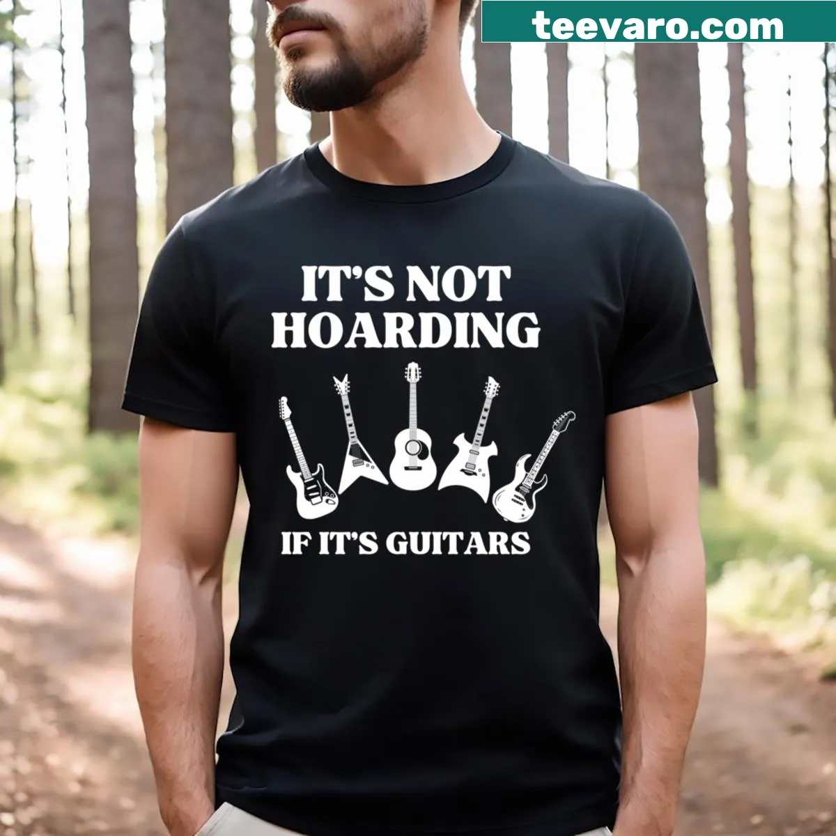 Funny t-shirt with guitar-themed humor about hoarding guitars — on a men's t-shirt