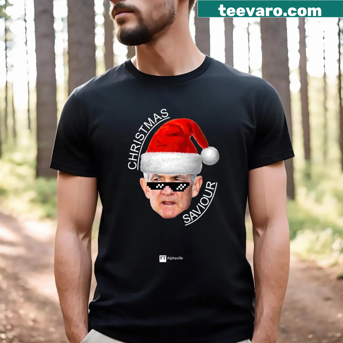 Jerome Powell Christmas Saviour T-shirt with white text — on a men's t-shirt