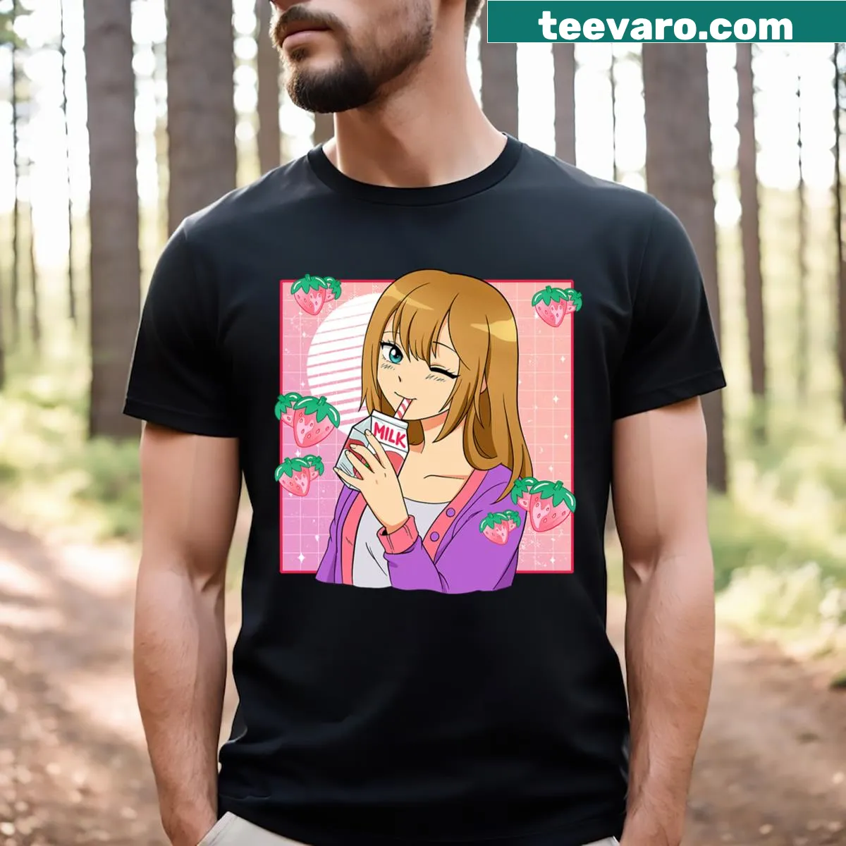 Cute anime girl with strawberry milk graphic T-shirt — on a men's t-shirt