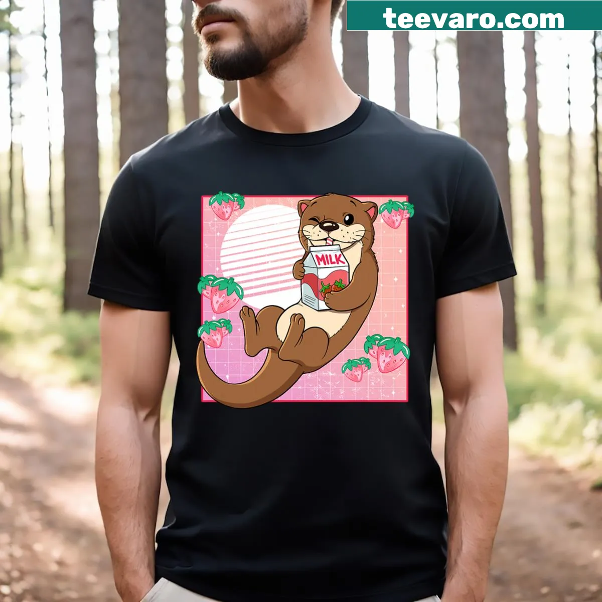 Cute otter drinking strawberry milk t-shirt — on a men's t-shirt