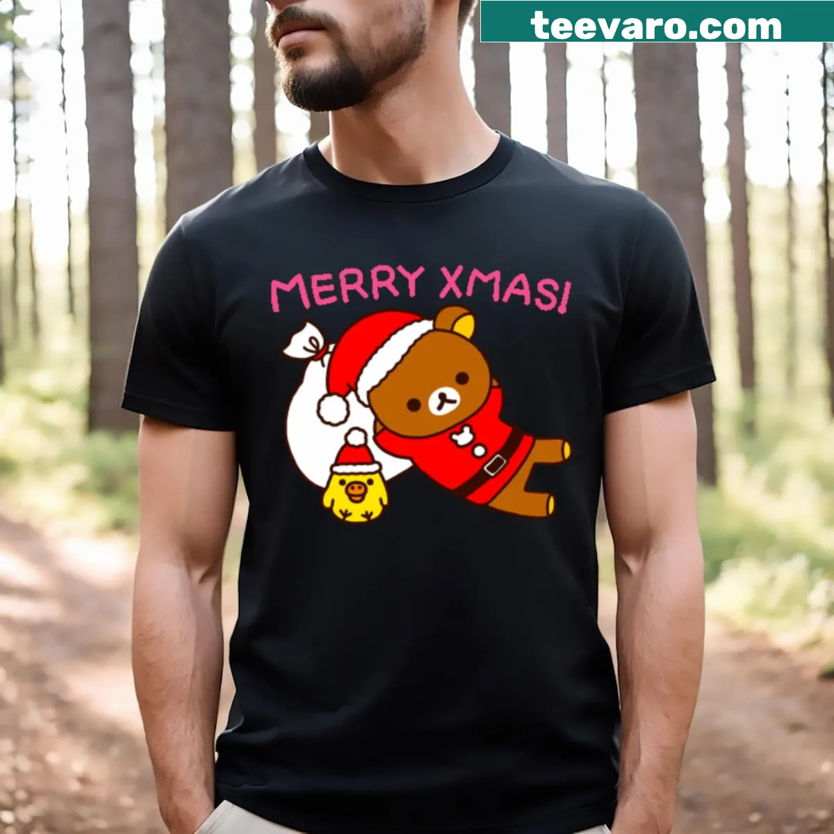 Kawaii Rilakkuma in festive attire for Christmas on a T-shirt — on a men's t-shirt