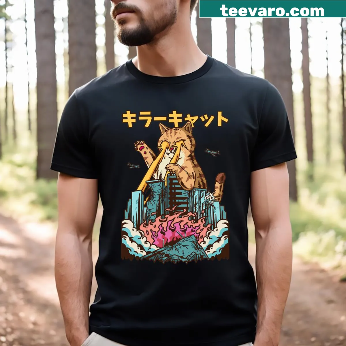 Kawaii cat with laser eyes in Japanese Kaiju style on a T-shirt — on a men's t-shirt