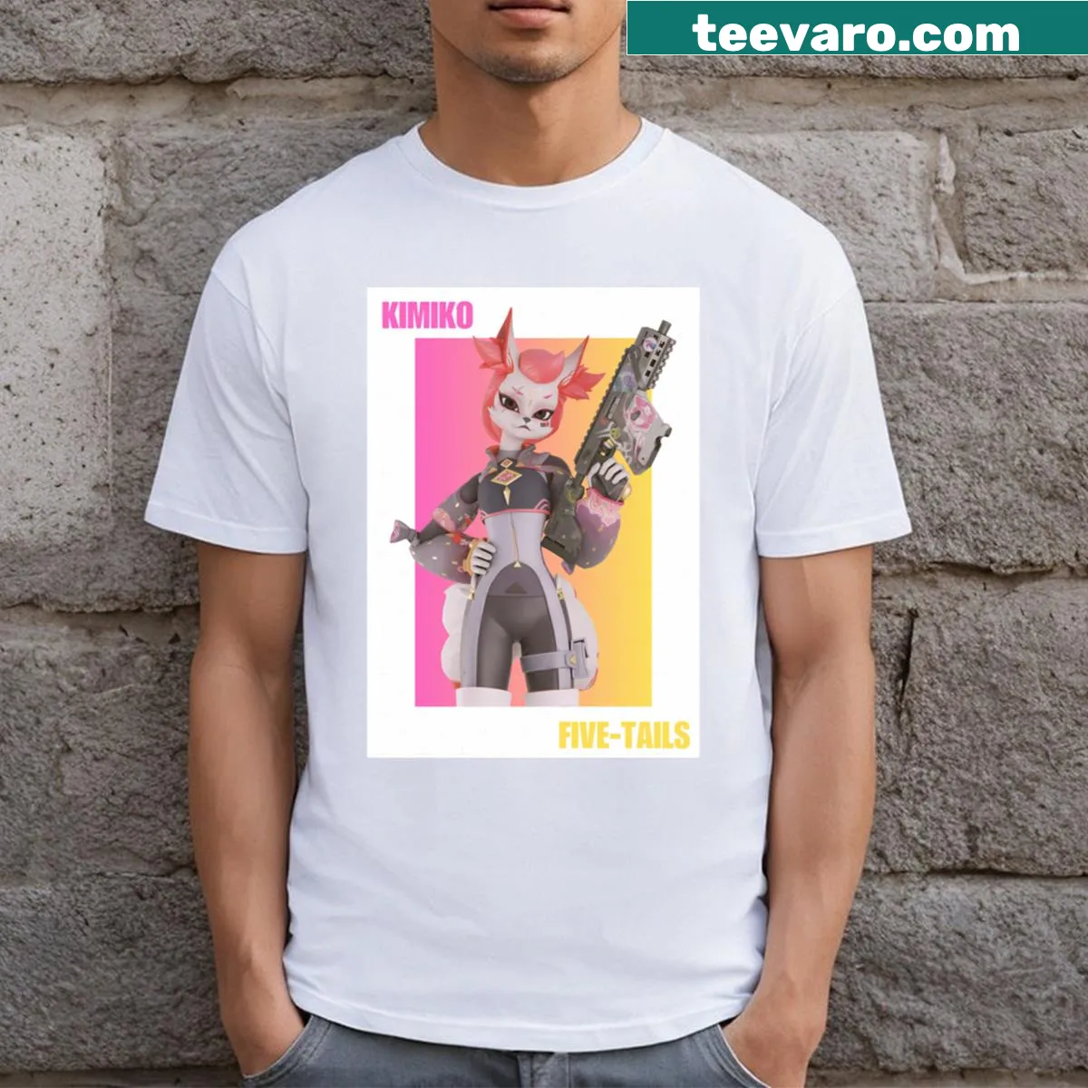 Illustration t-shirt featuring a whimsical character, Kimiko Fivetails. — on a men's t-shirt