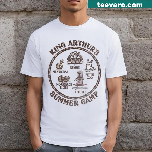 Illustrated t-shirt depicting King Arthur and his knights at summer camp