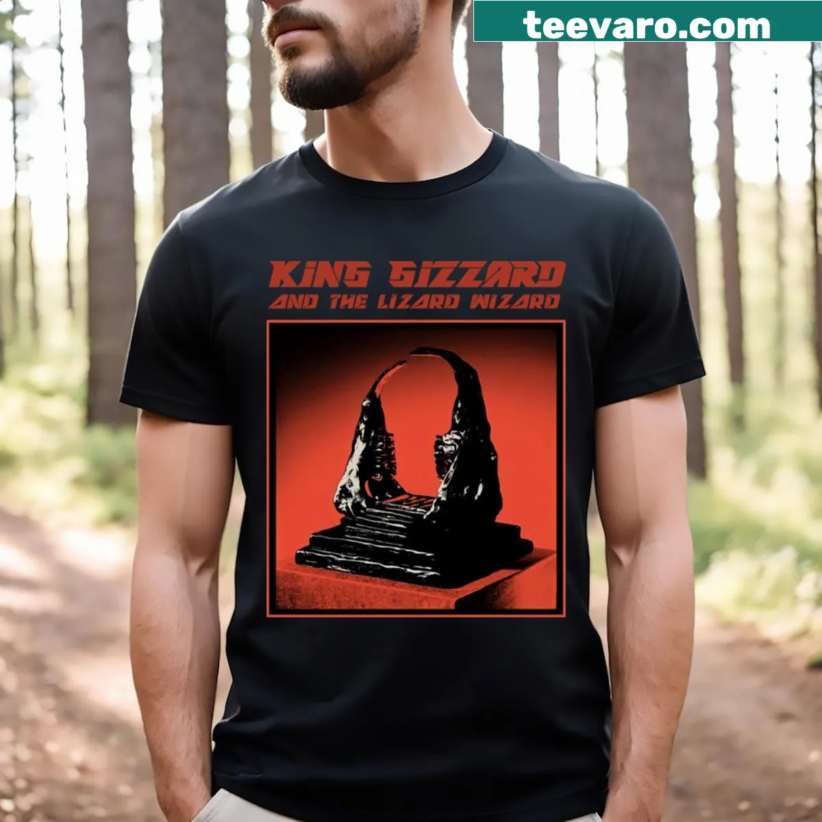 Graphic T-shirt celebrating King Gizzard & The Lizard Wizard in bold typography. — on a men's t-shirt