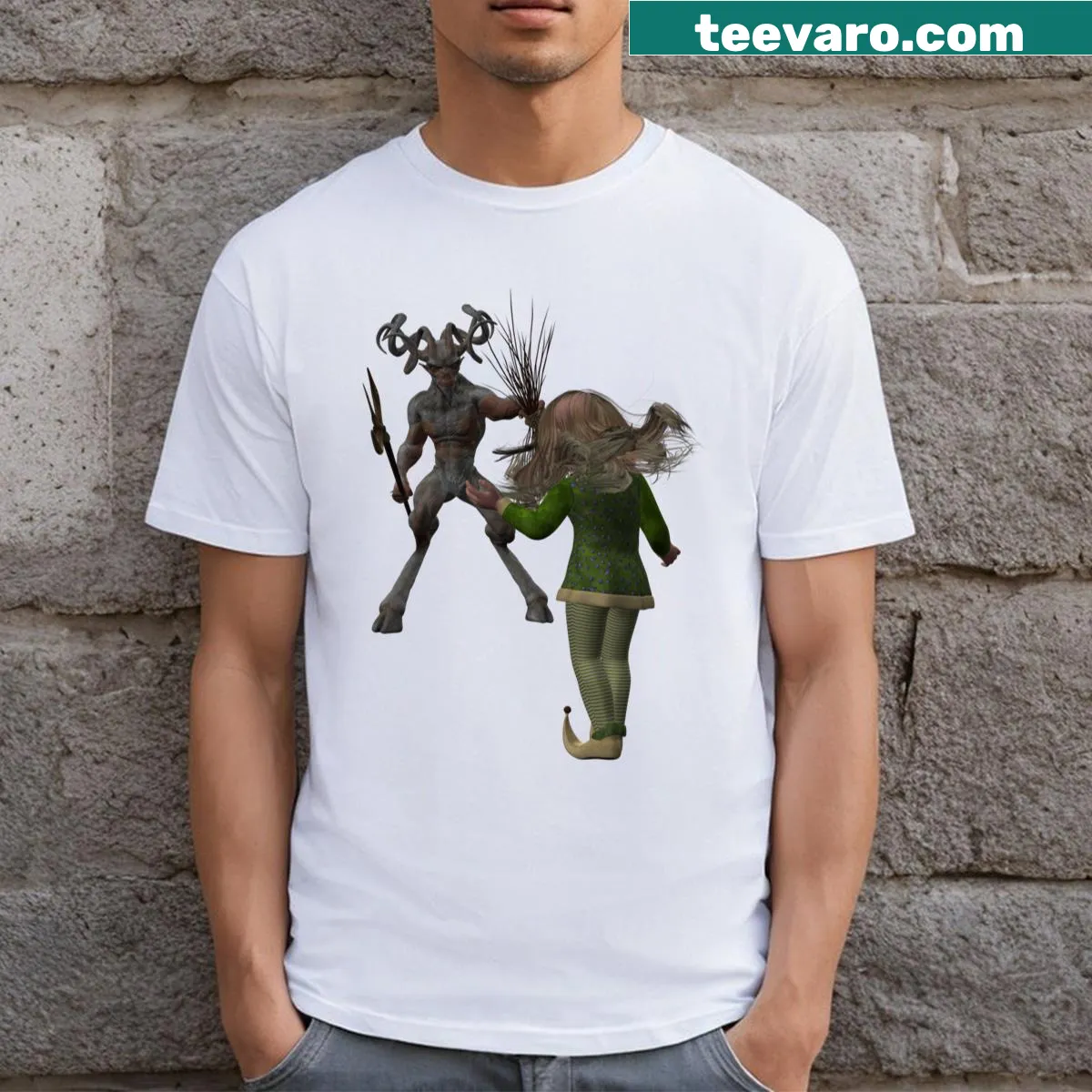 Charming illustration of Krampus with a brave little girl on a t-shirt — on a men's t-shirt