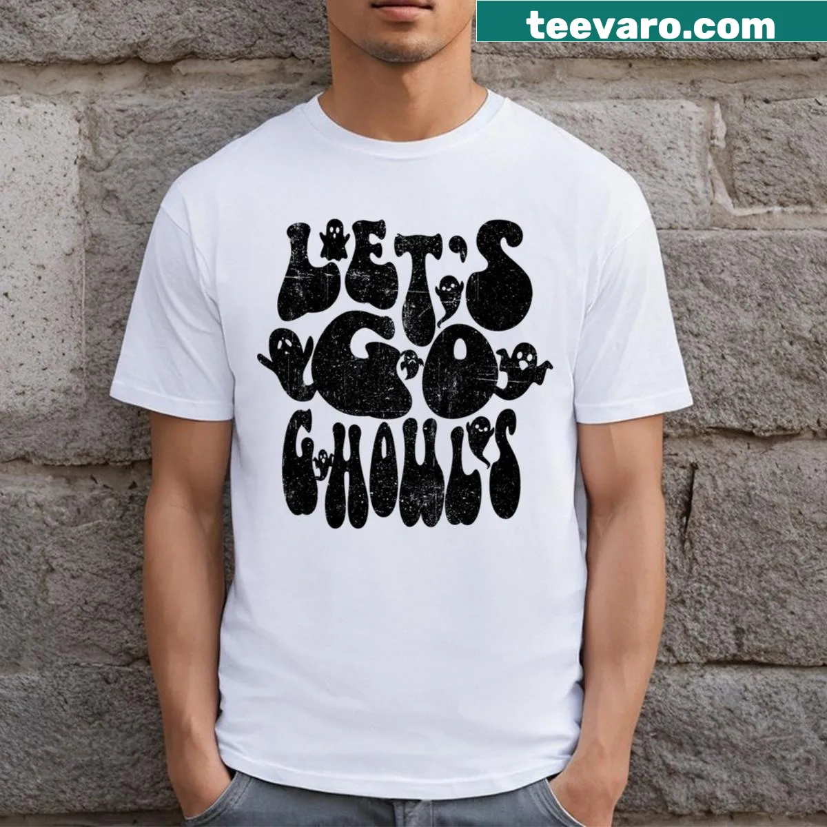Funny Halloween t-shirt with retro design saying 'Let's Go Ghouls' — on a men's t-shirt