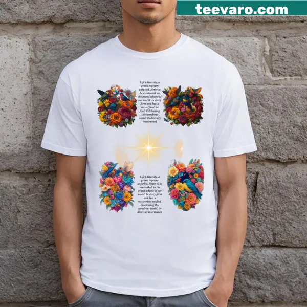 Abstract typography t-shirt featuring the phrase 'Life's Diversity A Grand Tapestry'