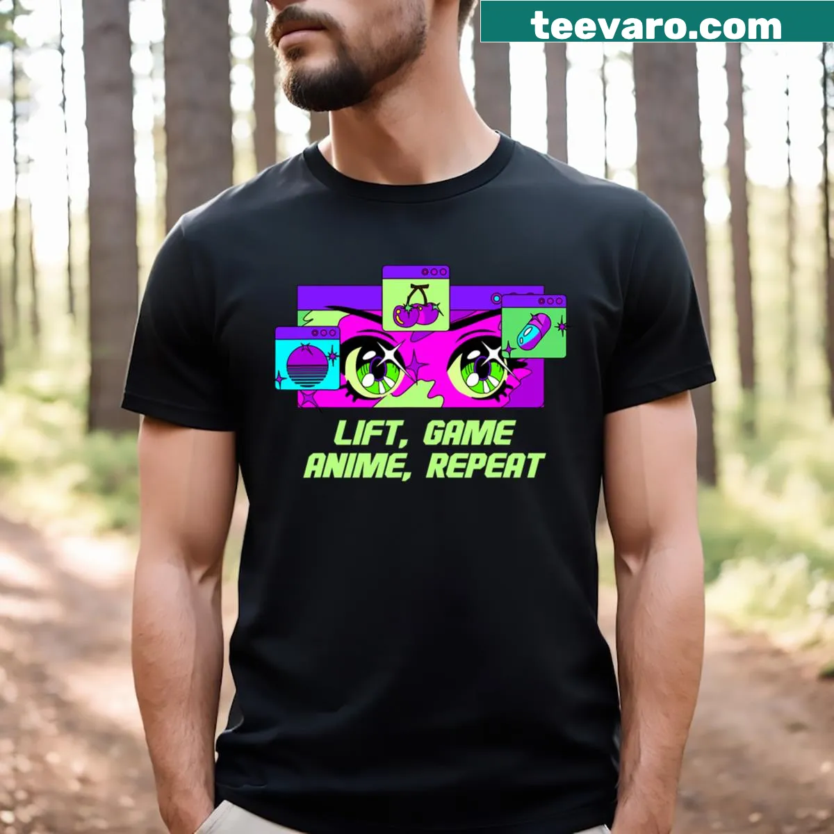 Bold typography t-shirt with 'Lift Game Anime Repeat' for anime and fitness fans — on a men's t-shirt