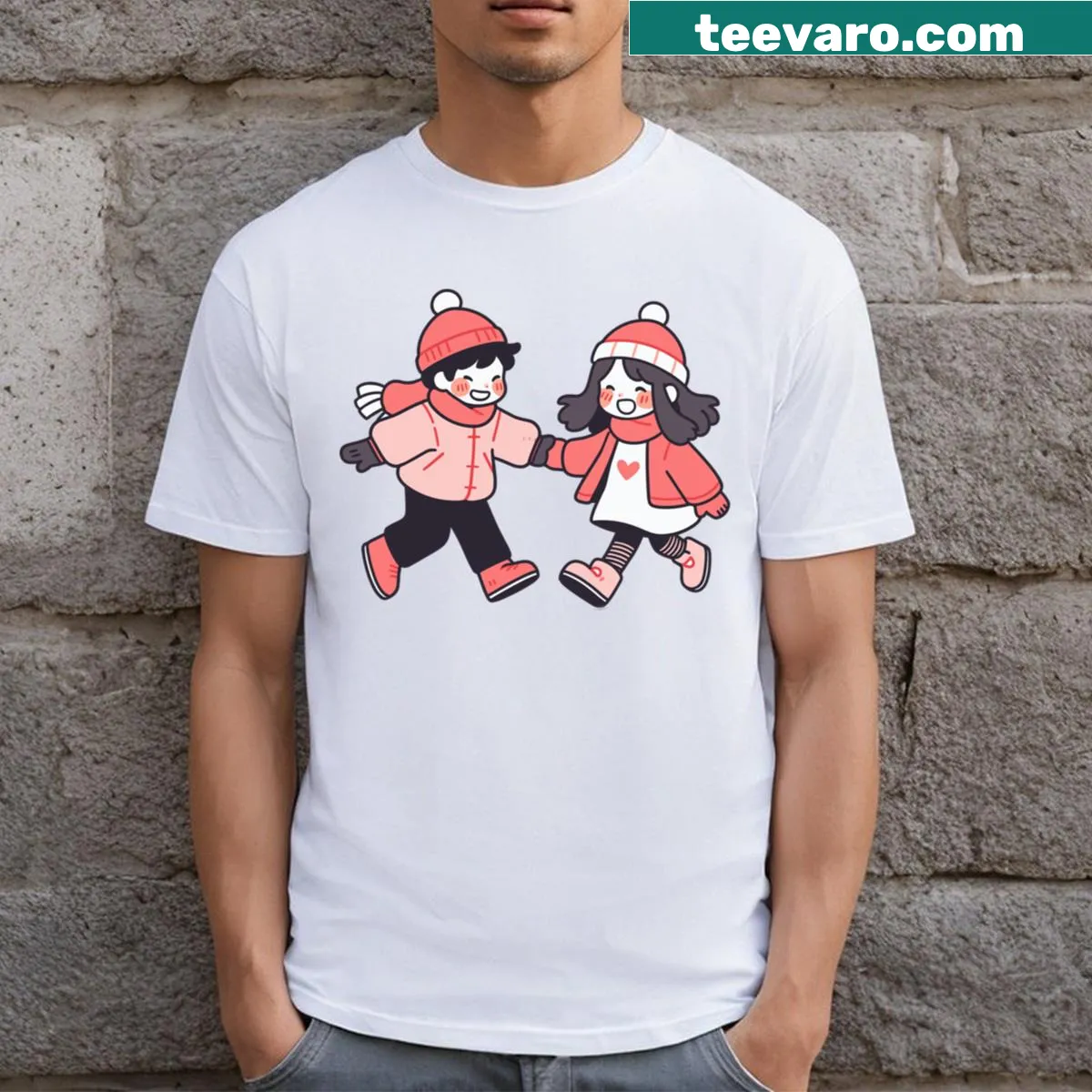 Illustration of a loving couple in a winter setting for Christmas — on a men's t-shirt
