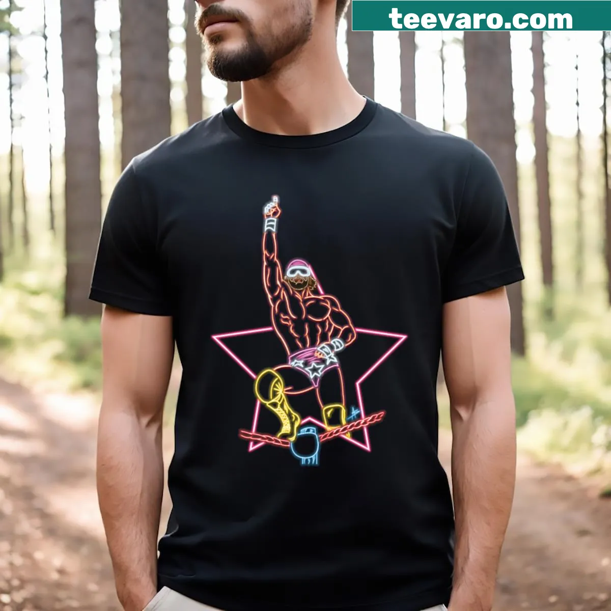 Macho Man wrestling T-shirt with neon top rope graphic — on a men's t-shirt