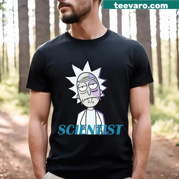 Cartoon illustration of a mad scientist on a t-shirt
