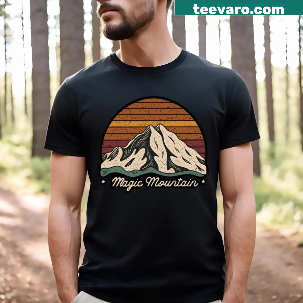 Illustrated T-shirt showcasing the scenic beauty of Magic Mountain in Vermont — on a men's t-shirt