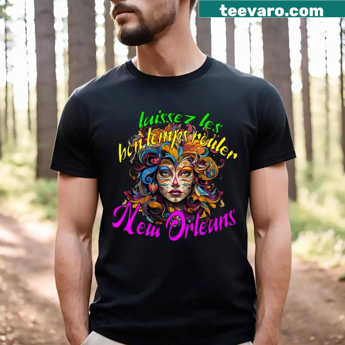 Mardi Gras t-shirt with 'Let The Good Times Roll' text — on a men's t-shirt