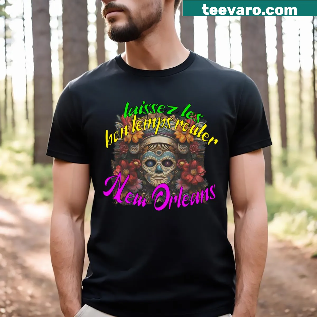 Mardi Gras Let The Good Times Roll New Orleans T-shirt with festive text — on a men's t-shirt